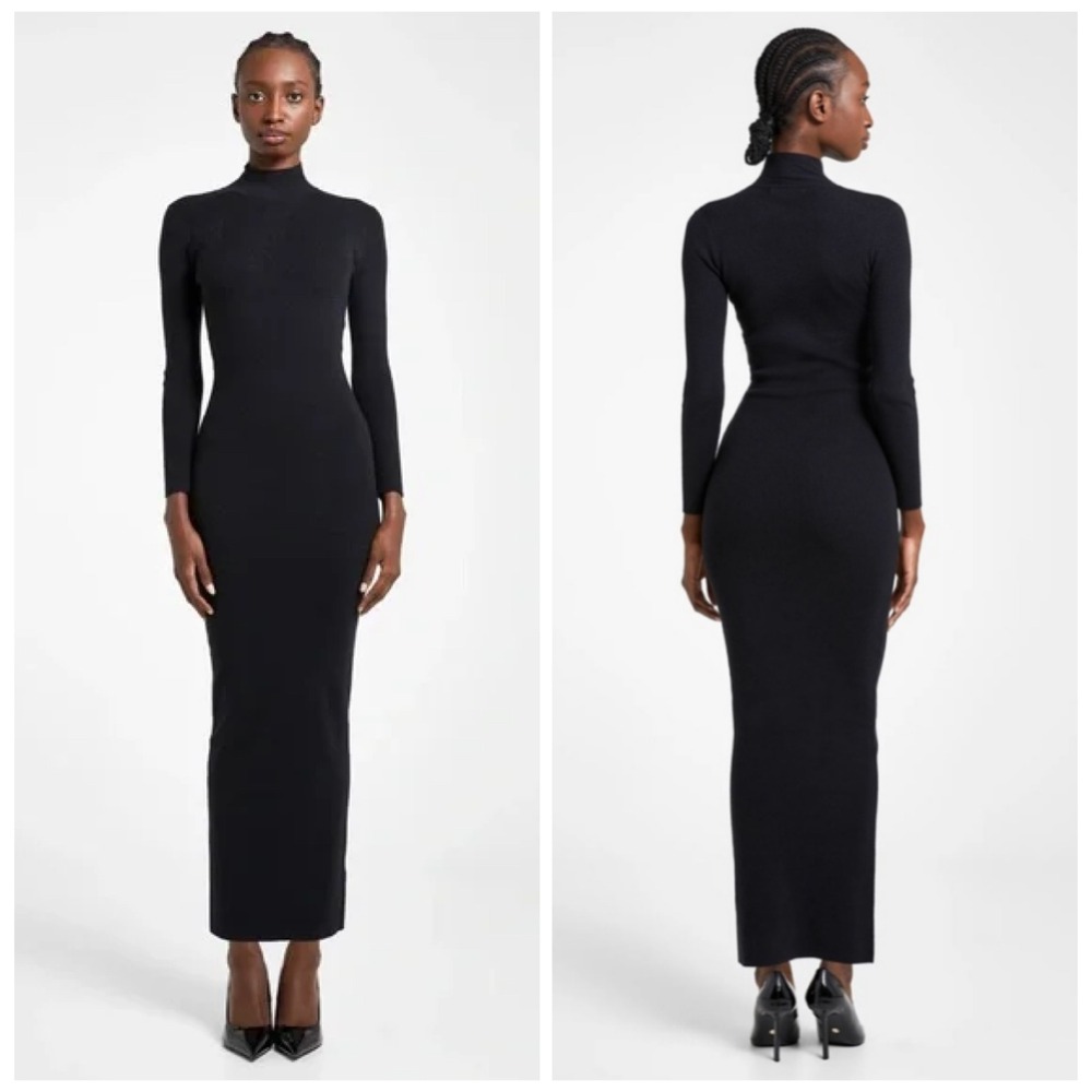 Boa Fine Knit Maxi Dress Womens Small Black Sweater Long Sleeve Mockneck Bodycon